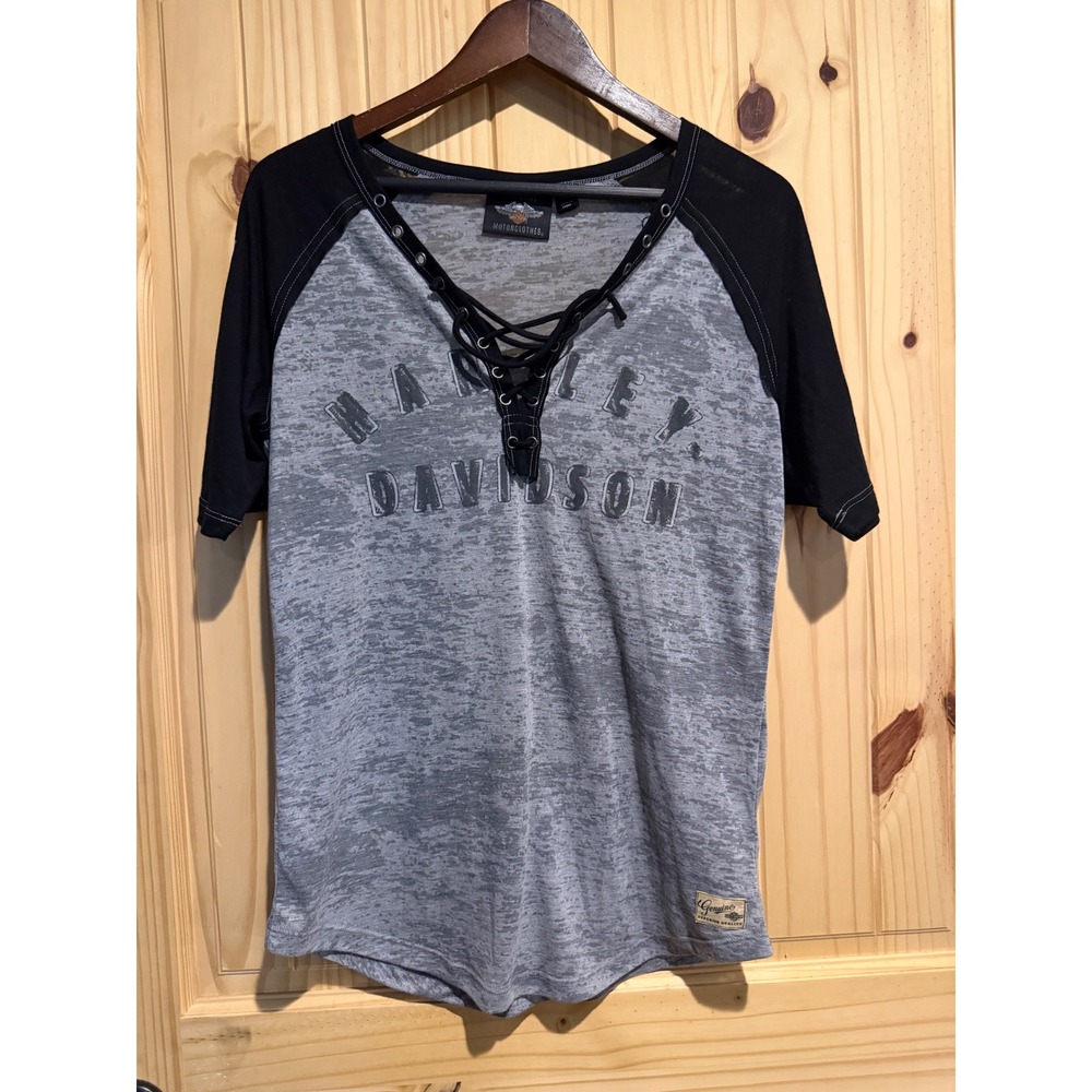 Harley-Davidson Womens Lace Up V-Neck Burnout Raglan Tee Grey Black Eagle Large